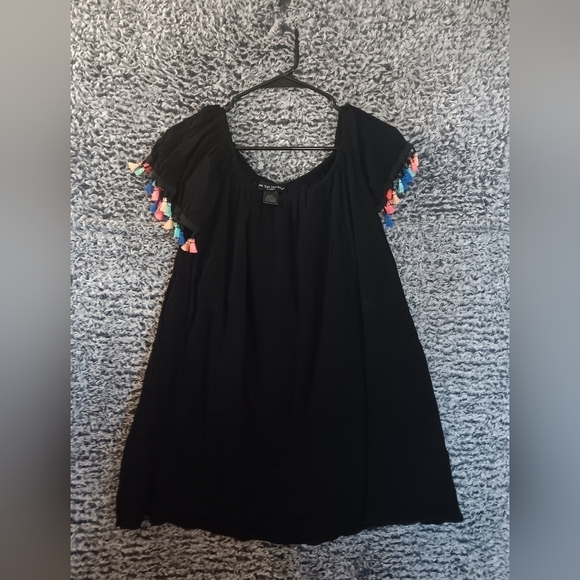 See You Monday Women Dress Black Tiny Pleat Stretch Off The Shoulder Tassel Trim - Picture 1 of 5
